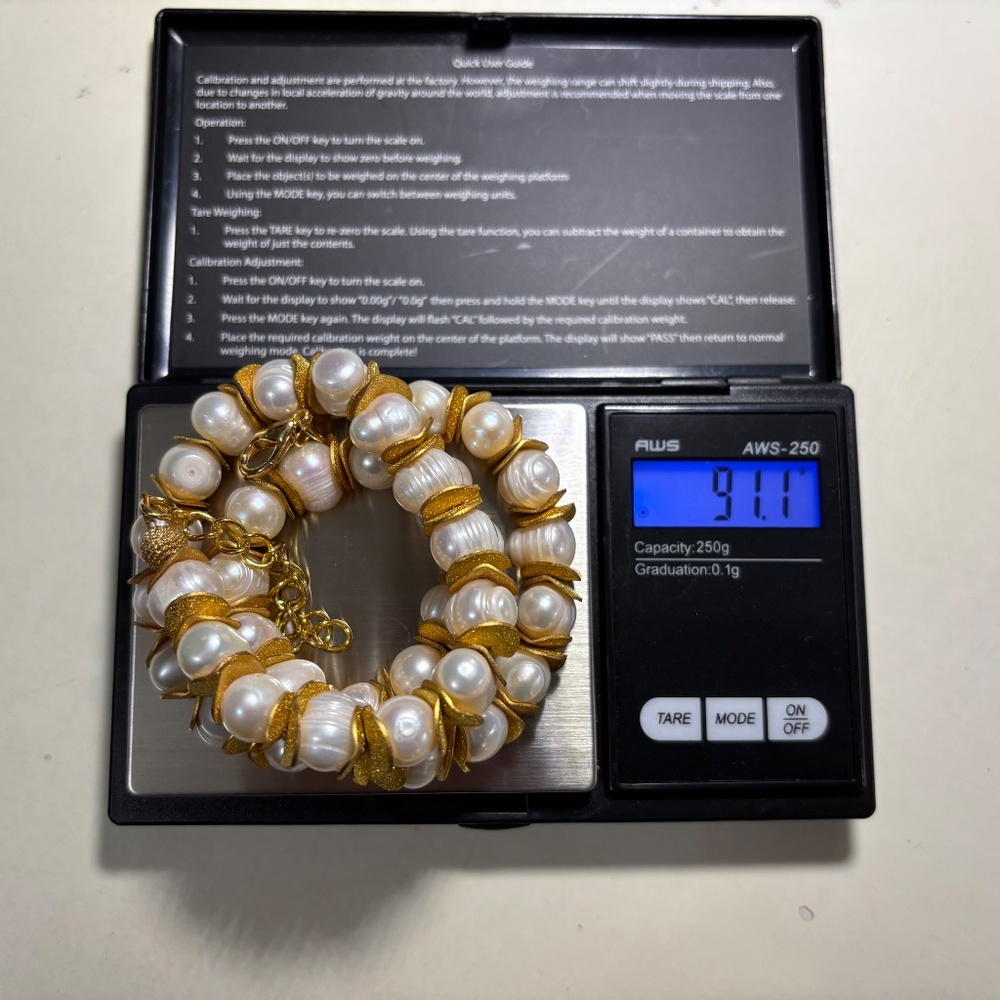 Chunky, White Baroque Pearl & Sparkle Gold Necklace, Fresh Water Pearls, Baroque - Picture 6 of 12